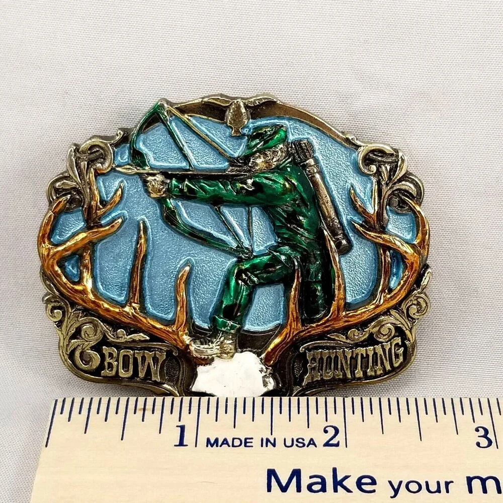 Belt Buckle 1986 Bow Hunting Deer Antlers Hunter Archery Painted Made In The USA